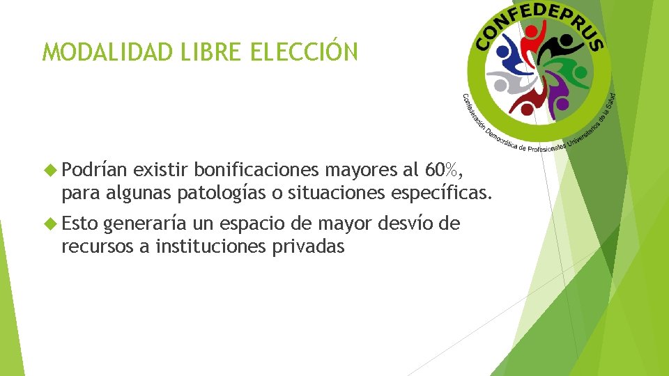 MODALIDAD LIBRE ELECCIÓN Podrían existir bonificaciones mayores al 60%, para algunas patologías o situaciones