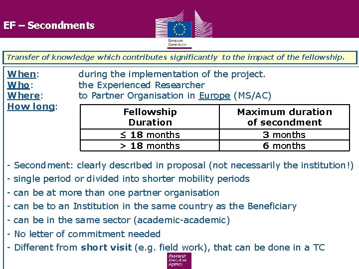 EF – Secondments Transfer of knowledge which contributes significantly to the impact of the