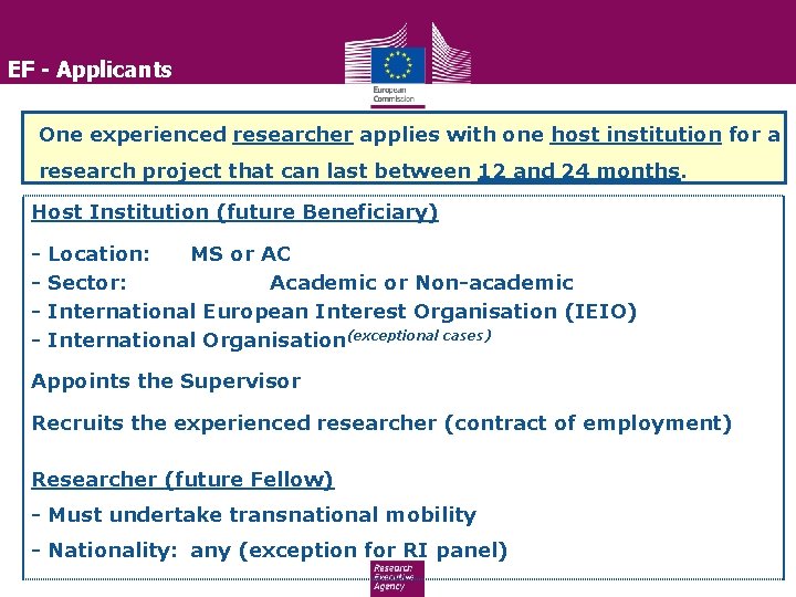 EF - Applicants One experienced researcher applies with one host institution for a research