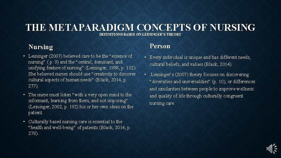 THE METAPARADIGM CONCEPTS OF NURSING DEFINITIONS BASED ON LEININGER’S THEORY Nursing • Leininger (2007)