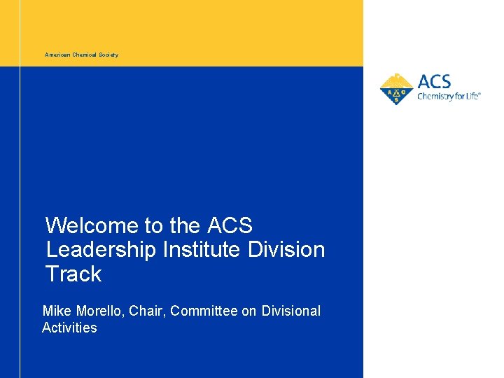 American Chemical Society Welcome to the ACS Leadership Institute Division Track Mike Morello, Chair,