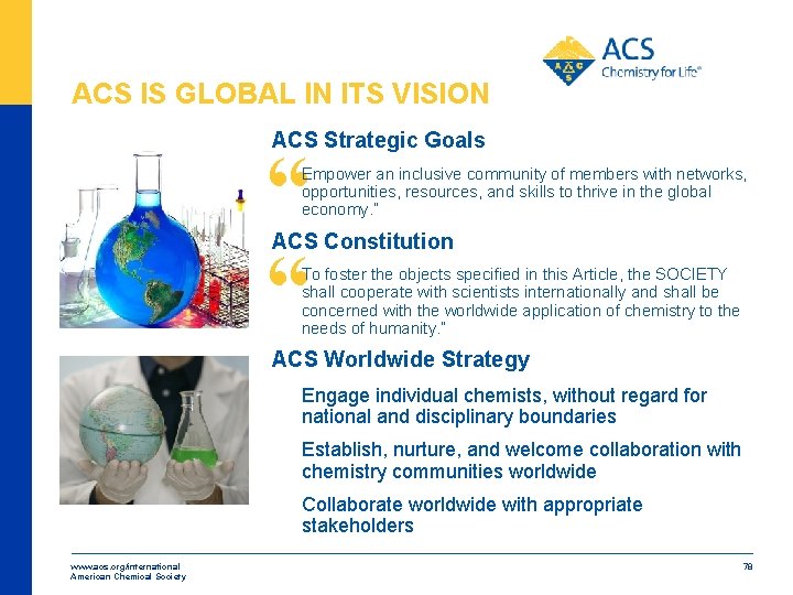 ACS IS GLOBAL IN ITS VISION ACS Strategic Goals “ “ Empower an inclusive