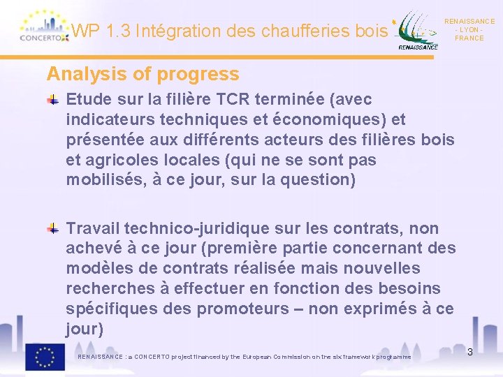 WP 1. 3 Intégration des chaufferies bois RENAISSANCE - LYON FRANCE Analysis of progress