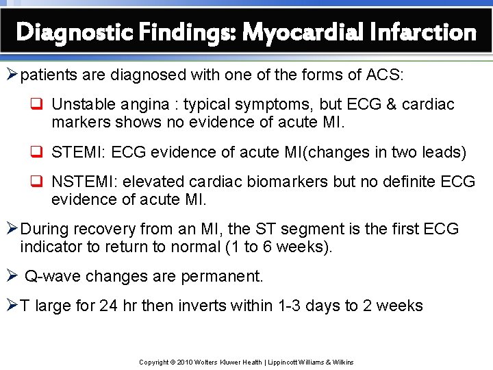 Diagnostic Findings: Myocardial Infarction Ø patients are diagnosed with one of the forms of