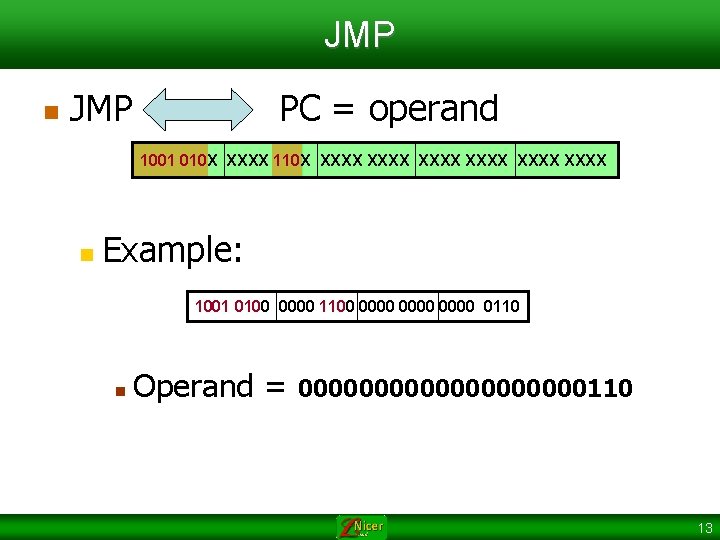 JMP n JMP PC = operand 1001 010 X XXXX 110 X XXXX XXXX