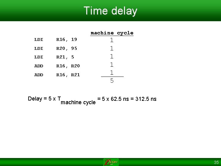 Time delay machine cycle LDI R 16, 19 LDI R 20, 95 LDI R