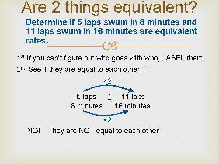 Are 2 things equivalent? Determine if 5 laps swum in 8 minutes and 11