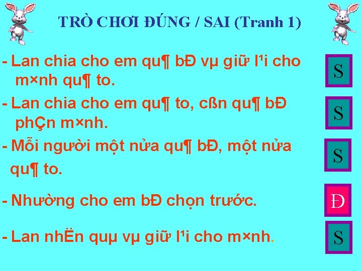 TRÒ CHƠI ĐÚNG / SAI (Tranh 1) Lan chia cho em qu¶ bÐ vµ