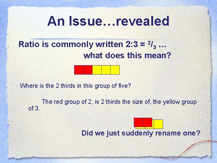 An Issue…revealed Ratio is commonly written 2: 3 = 2/3 … what does this