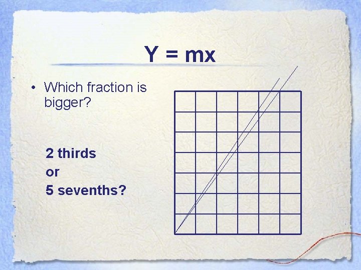 Y = mx • Which fraction is bigger? 2 thirds or 5 sevenths? 