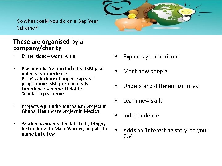 So what could you do on a Gap Year Scheme? These are organised by