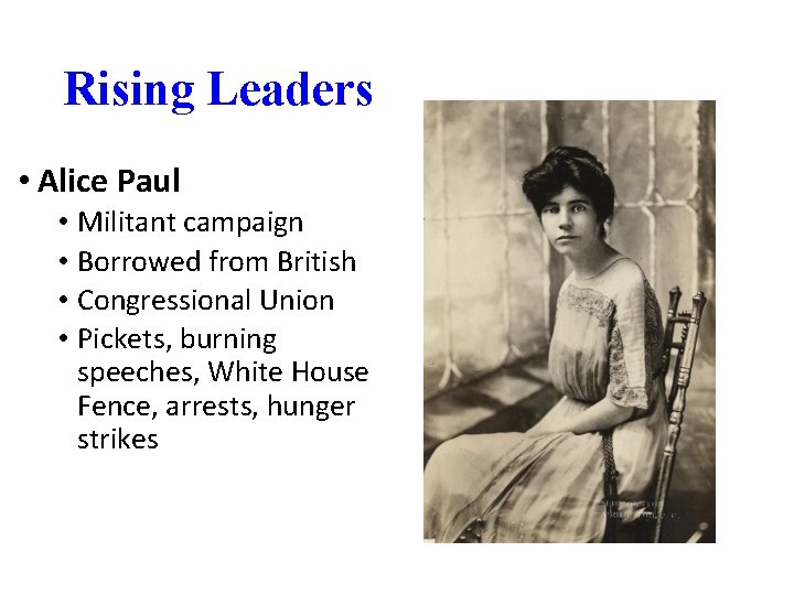 Rising Leaders • Alice Paul • Militant campaign • Borrowed from British • Congressional