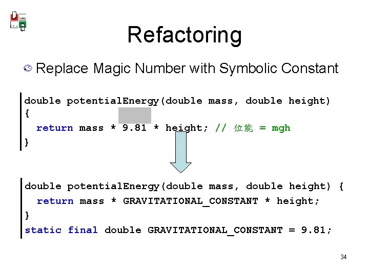 Refactoring Replace Magic Number with Symbolic Constant double potential. Energy(double mass, double height) {