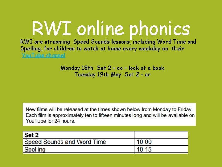 RWI online phonics RWI are streaming Speed Sounds lessons, including Word Time and Spelling,