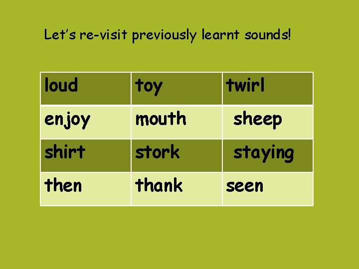 Let’s re-visit previously learnt sounds! loud toy twirl enjoy mouth sheep shirt stork staying