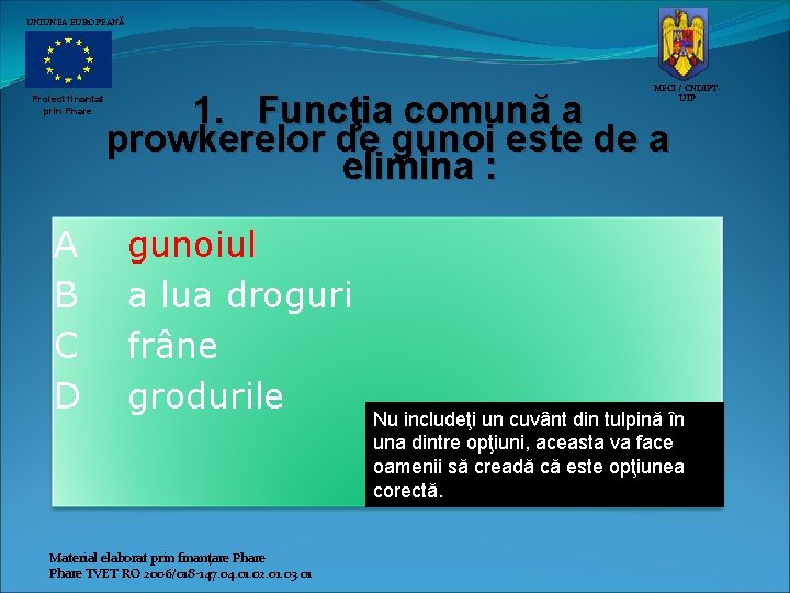 UNIUNEA EUROPEANĂ Proiect finantat prin Phare A B C D MECI / CNDIPTUIP 1.