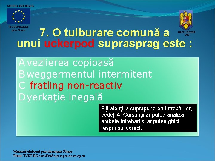 UNIUNEA EUROPEANĂ Proiect finantat prin Phare 7. O tulburare comună a unui uckerpod suprasprag