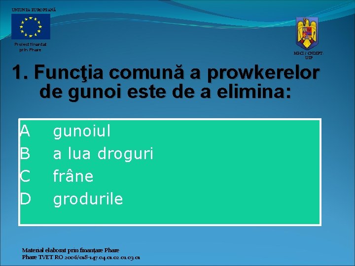 UNIUNEA EUROPEANĂ Proiect finantat prin Phare MECI / CNDIPTUIP 1. Funcţia comună a prowkerelor