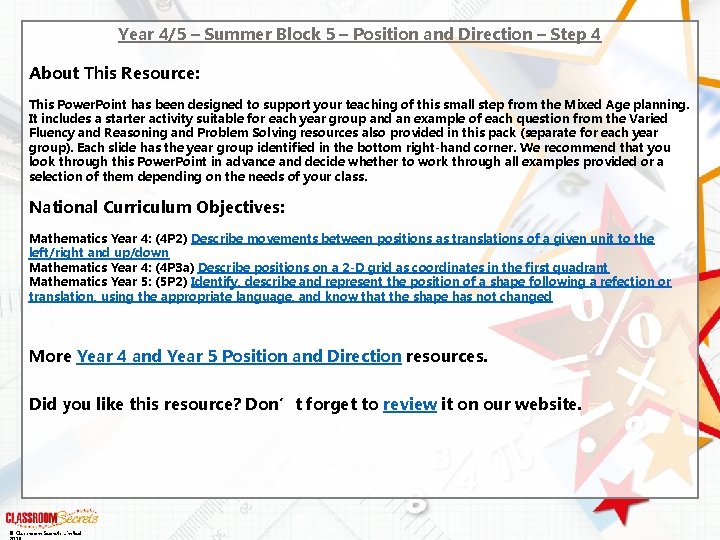 Year 4/5 – Summer Block 5 – Position and Direction – Step 4 About