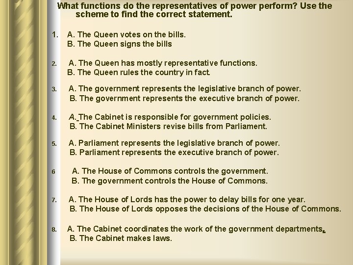 What functions do the representatives of power perform? Use the scheme to find the