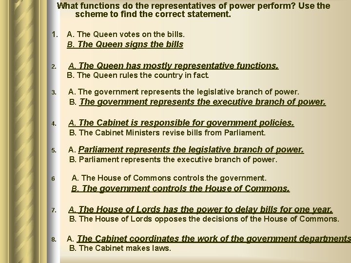 What functions do the representatives of power perform? Use the scheme to find the