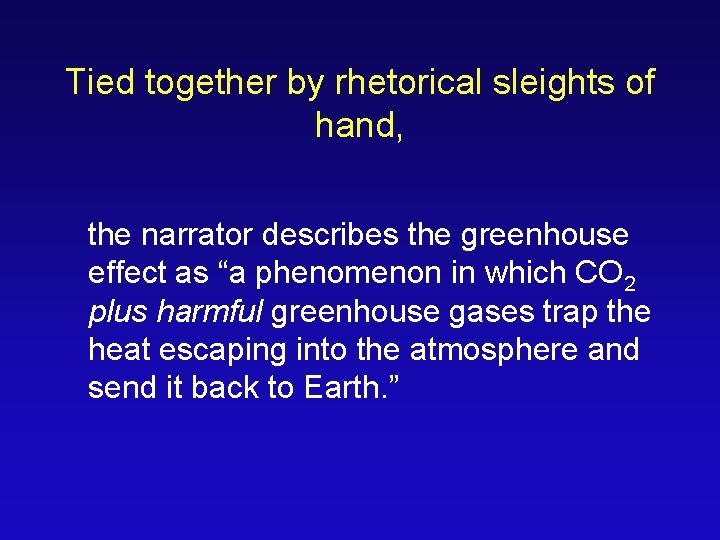 Tied together by rhetorical sleights of hand, the narrator describes the greenhouse effect as