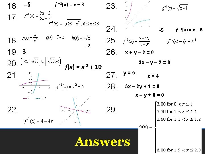 16. 17. – 5 18. 19. 3 20. 21. f – 1(x) = x