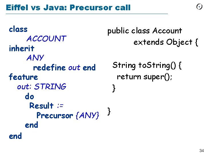 Eiffel vs Java: Precursor call class ACCOUNT inherit ANY redefine out end feature out: