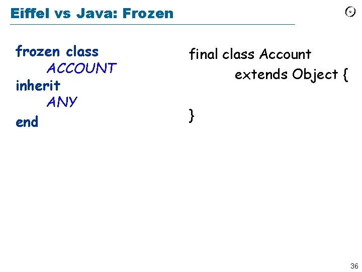 Eiffel vs Java: Frozen frozen class ACCOUNT inherit ANY end final class Account extends