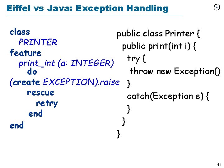 Eiffel vs Java: Exception Handling class public class Printer { PRINTER public print(int i)