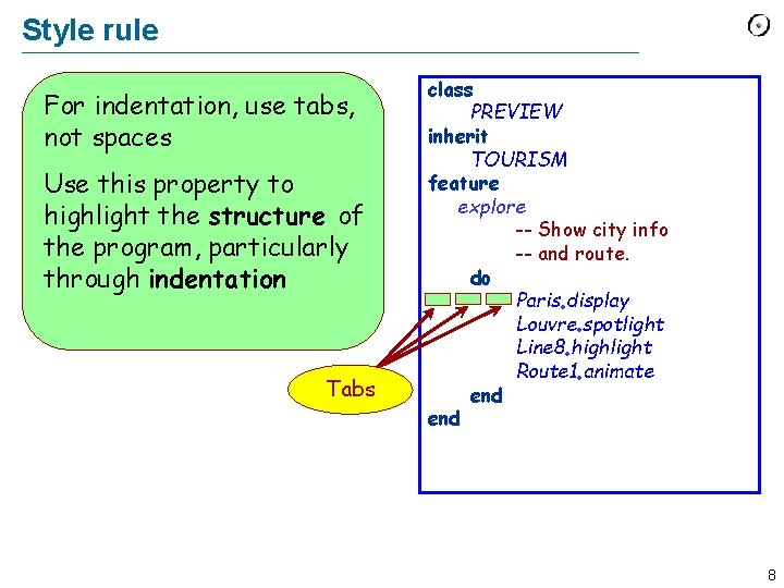 Style rule For indentation, use tabs, not spaces Use this property to highlight the