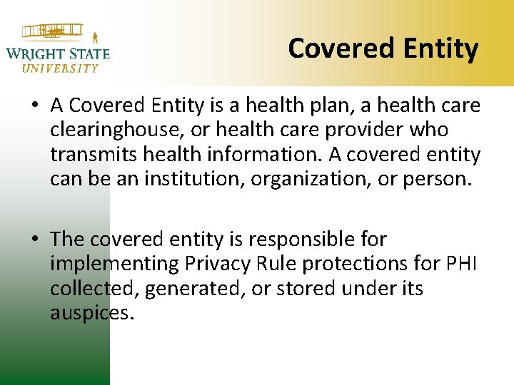 Covered Entity • A Covered Entity is a health plan, a health care clearinghouse,