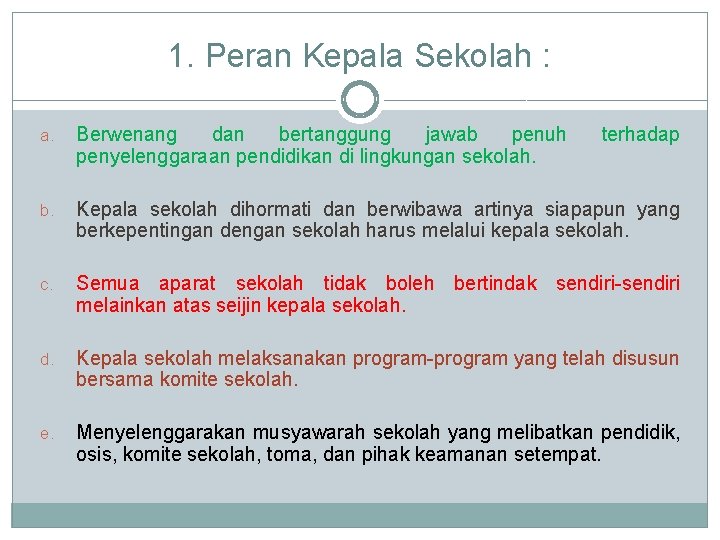 1. Peran Kepala Sekolah : a. Berwenang dan bertanggung jawab penuh penyelenggaraan pendidikan di