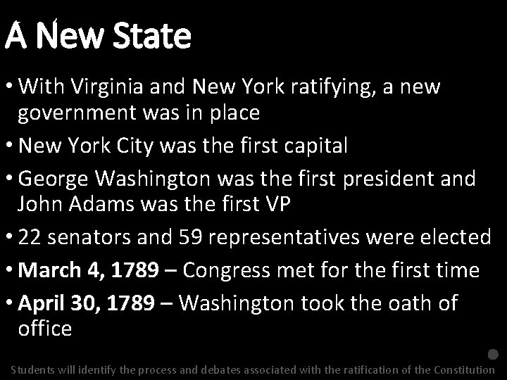 A New State • With Virginia and New York ratifying, a new government was