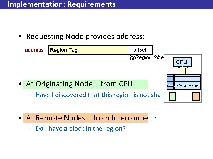 Implementation: Requirements • Requesting Node provides address: address Region Tag offset lg(Region Size) •