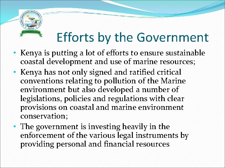 Efforts by the Government • Kenya is putting a lot of efforts to ensure
