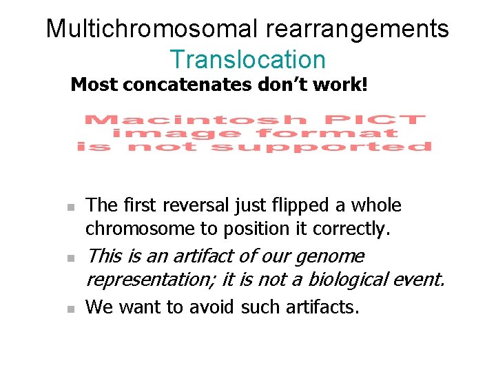 Multichromosomal rearrangements Translocation Most concatenates don’t work! n n n The first reversal just