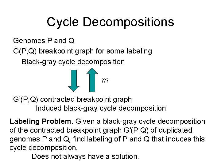 Cycle Decompositions Genomes P and Q G(P, Q) breakpoint graph for some labeling Black-gray