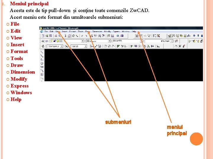 1. Meniul principal Acesta este de tip pull-down și conţine toate comenzile Zw. CAD.