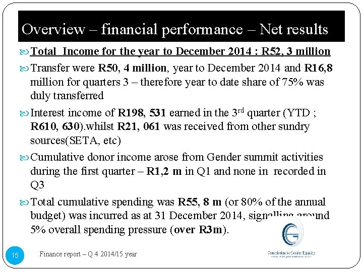 Overview – financial performance – Net results Total Income for the year to December