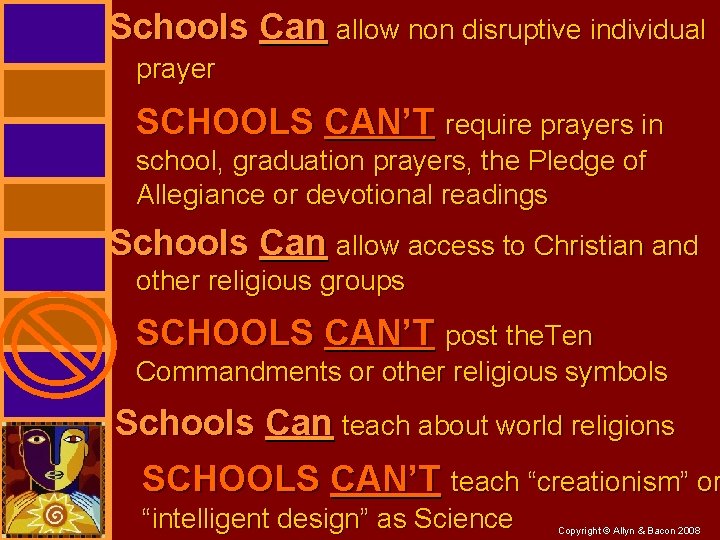 Schools Can allow non disruptive individual prayer SCHOOLS CAN’T require prayers in school, graduation