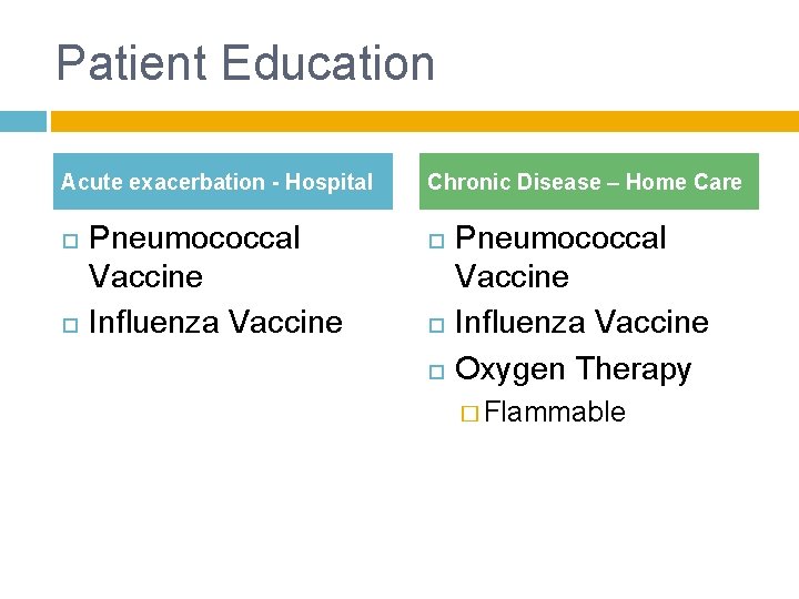 Patient Education Acute exacerbation - Hospital Pneumococcal Vaccine Influenza Vaccine Chronic Disease – Home
