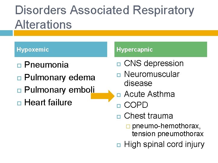 Disorders Associated Respiratory Alterations Hypoxemic Pneumonia Pulmonary edema Pulmonary emboli Heart failure Hypercapnic CNS