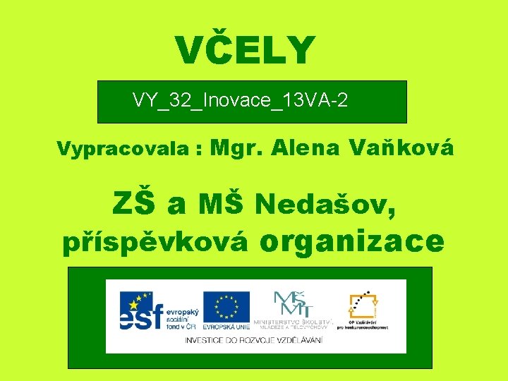 VČELY VY_32_Inovace_13 VA-2 Vypracovala : Mgr. Alena Vaňková ZŠ a MŠ Nedašov, příspěvková organizace