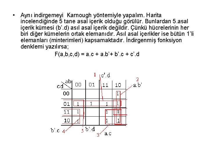  • Aynı indirgemeyi Karnough yöntemiyle yapalım. Harita incelendiğinde 5 tane asal içerik olduğu