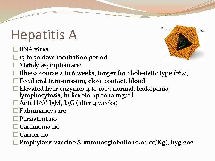 Hepatitis A �RNA virus � 15 to 30 days incubation period �Mainly asymptomatic �Illness