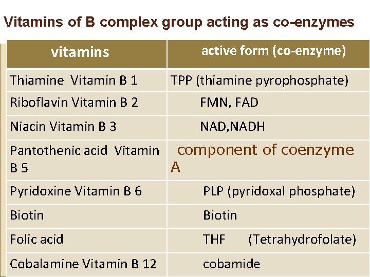 Vitamins of B complex group acting as co-enzymes vitamins Thiamine Vitamin B 1 active