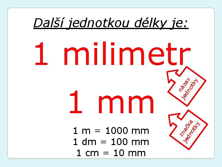 Další jednotkou délky je: 1 m = 1000 mm 1 dm = 100 mm