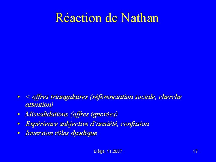 Réaction de Nathan • < offres triangulaires (référenciation sociale, cherche attention) • Misvalidations (offres