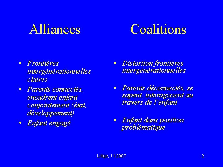 Alliances • Frontières intergénérationnelles claires • Parents connectés, encadrent enfant conjointement (état, développement) •